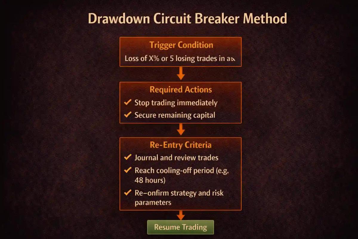 Drawdown circuit breaker method decision tree showing trigger conditions, required actions, and re-entry criteria for traders