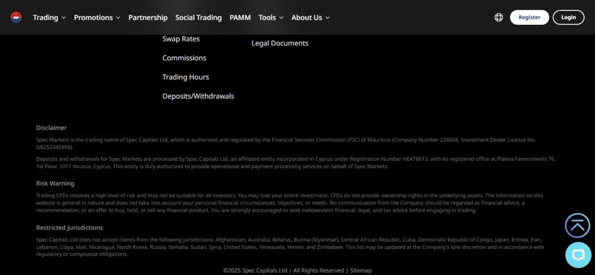 The Spec Markets website footer disclaimer naming the Mauritius licence and the Cyprus payment entity