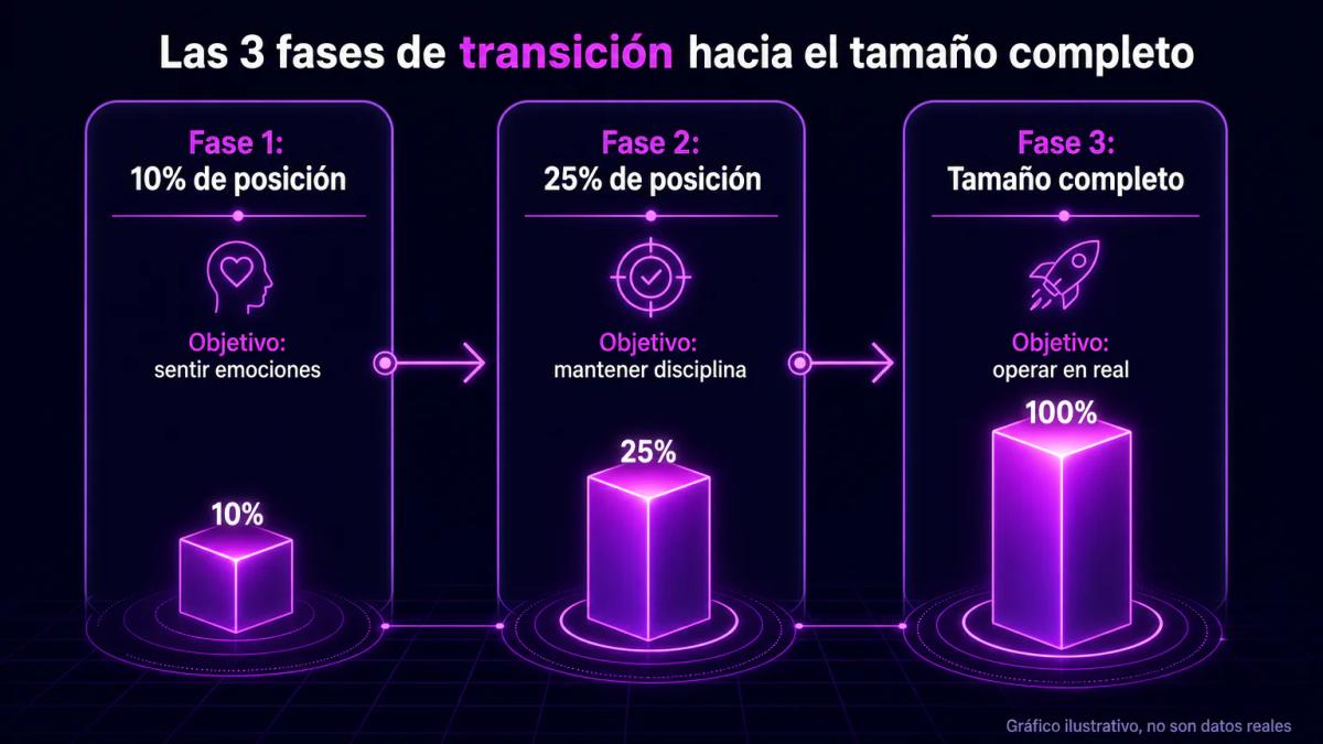 Tres fases de transición de cuenta demo a real con tamaños de posición crecientes