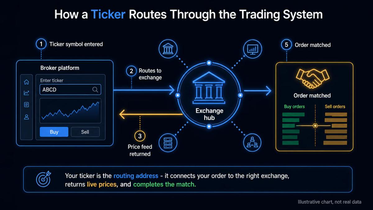 Broker platform order entry screen with ticker symbol field highlighted and routed to exchange matching engine