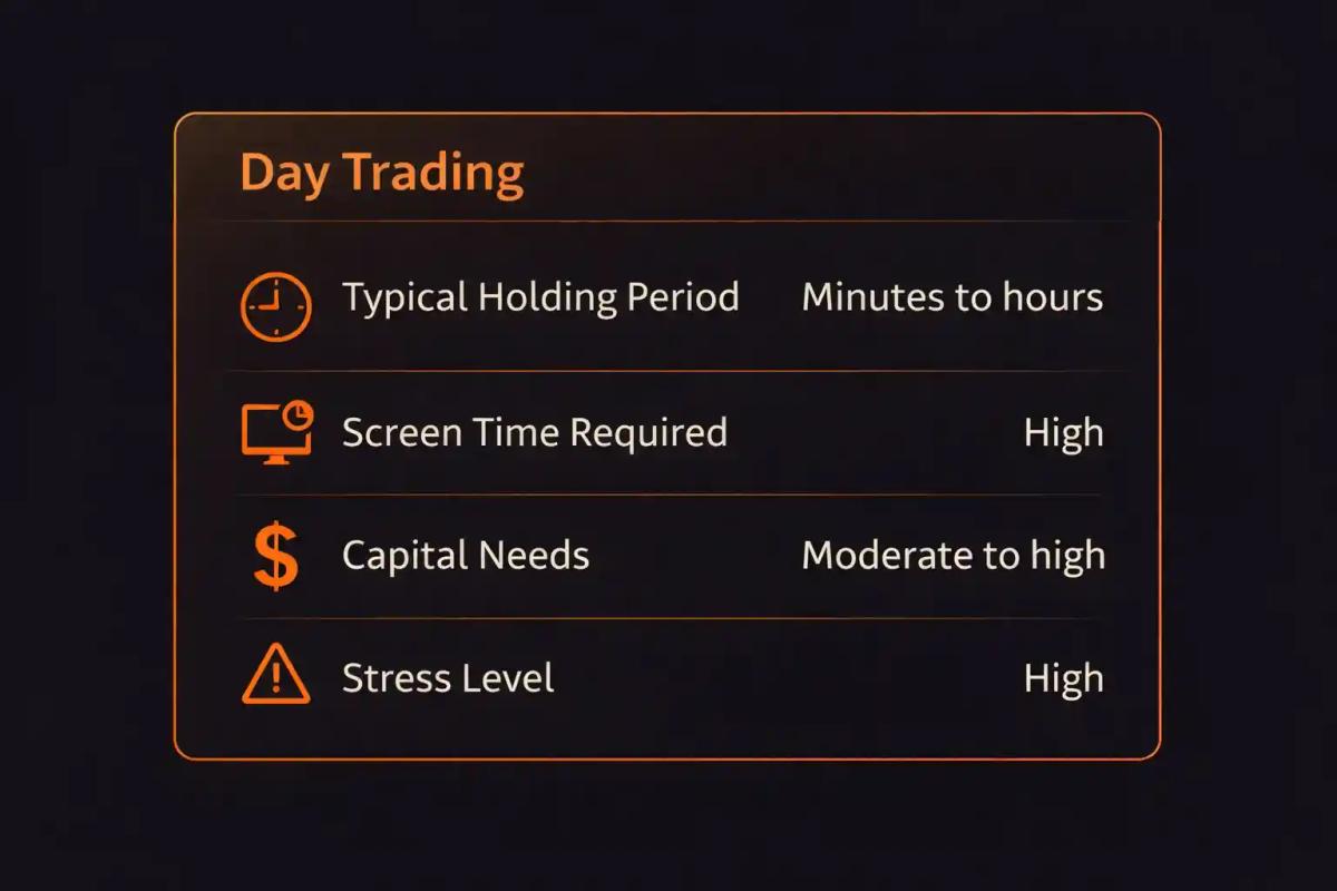 Day trading comparison card showing holding period screen time capital needs and stress level