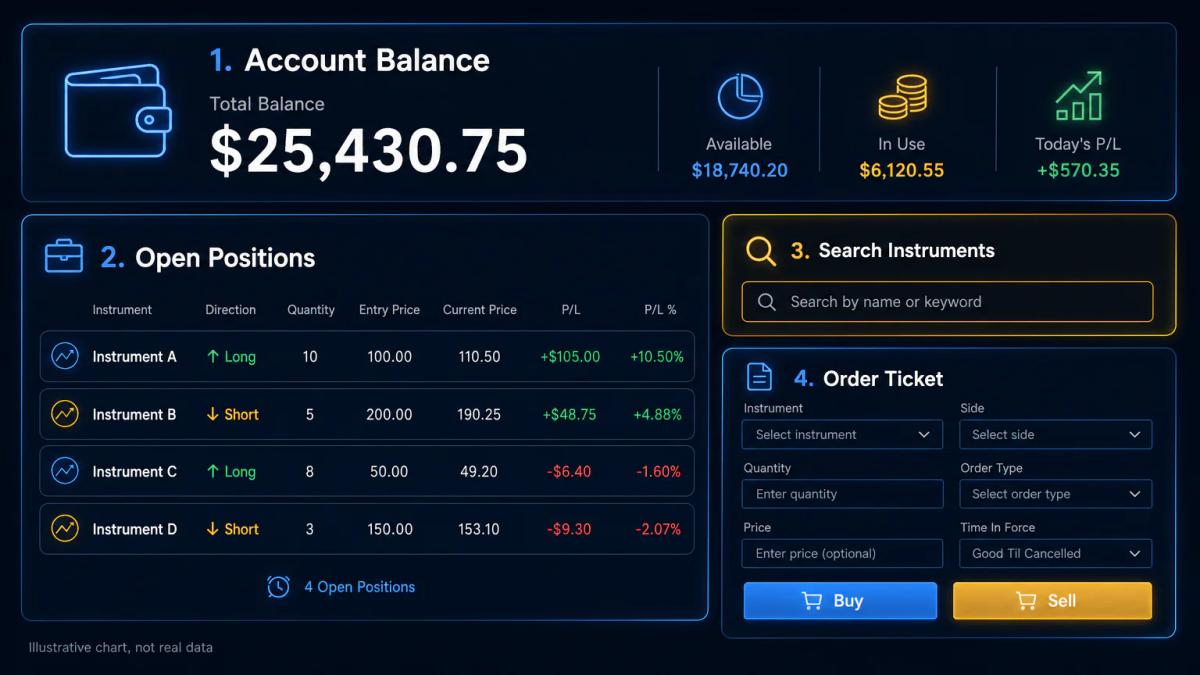 Trading platform dashboard with four key elements labeled: balance, open positions, search box, and order ticket