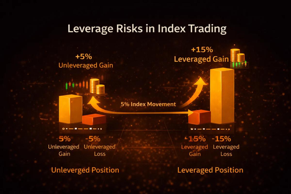 Leverage risk illustration showing amplified gains and losses in index trading