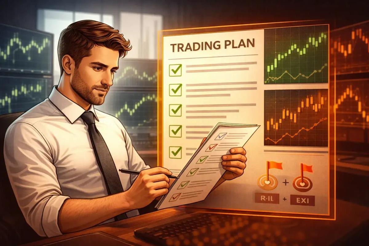 Trader reviewing a structured trading plan document with charts and checklist elements