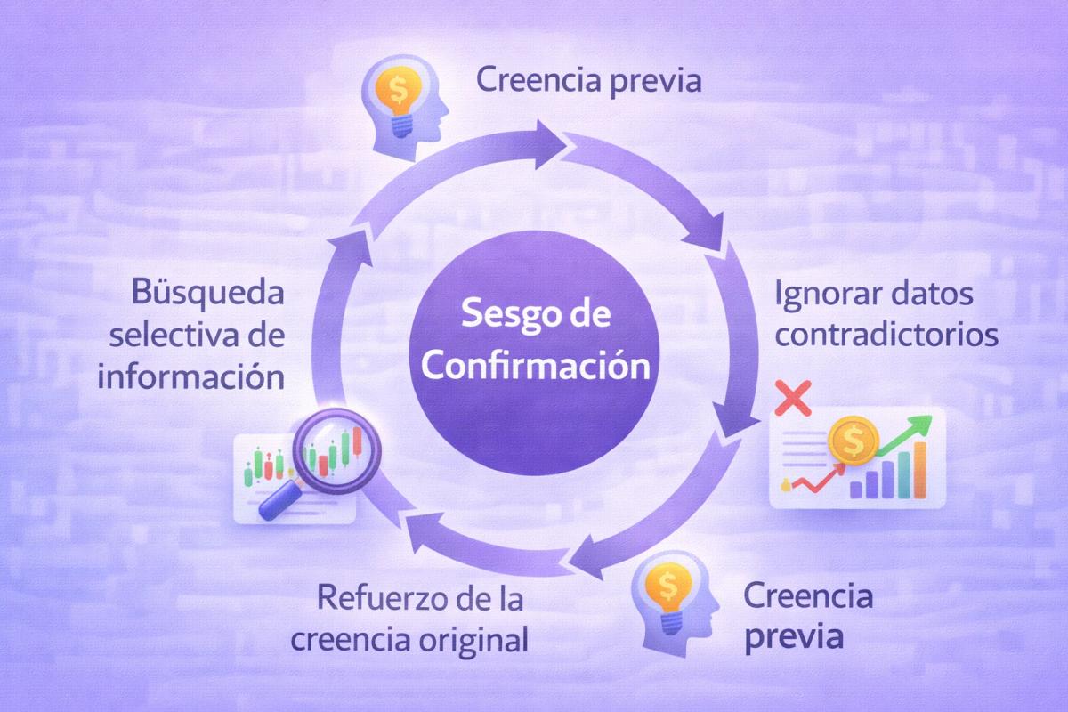 Diagrama del ciclo del sesgo de confirmación en decisiones de trading