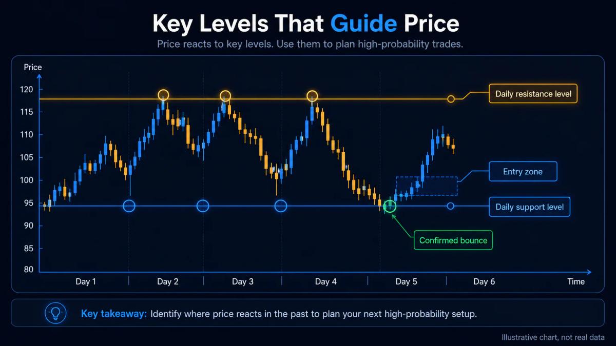 Price chart with support and resistance levels marked and annotated on daily timeframe