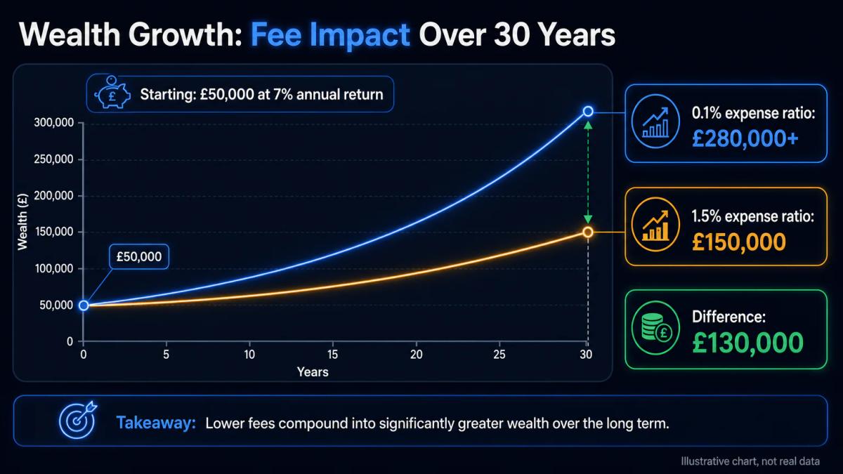 Two wealth curves over 30 years: one eroded by 1.5% annual fees, one protected by 0.1% fees, showing 130,000 pound difference