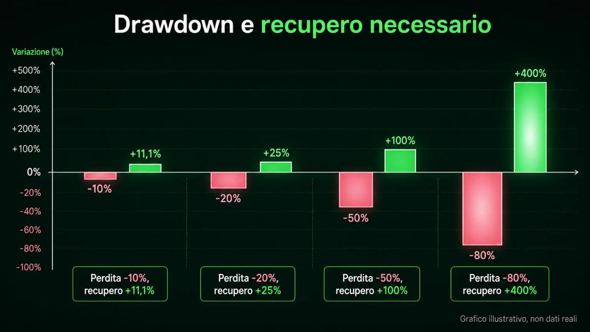 Quanto serve guadagnare per tornare in pari dopo ogni livello di drawdown, in coppie di barre affiancate