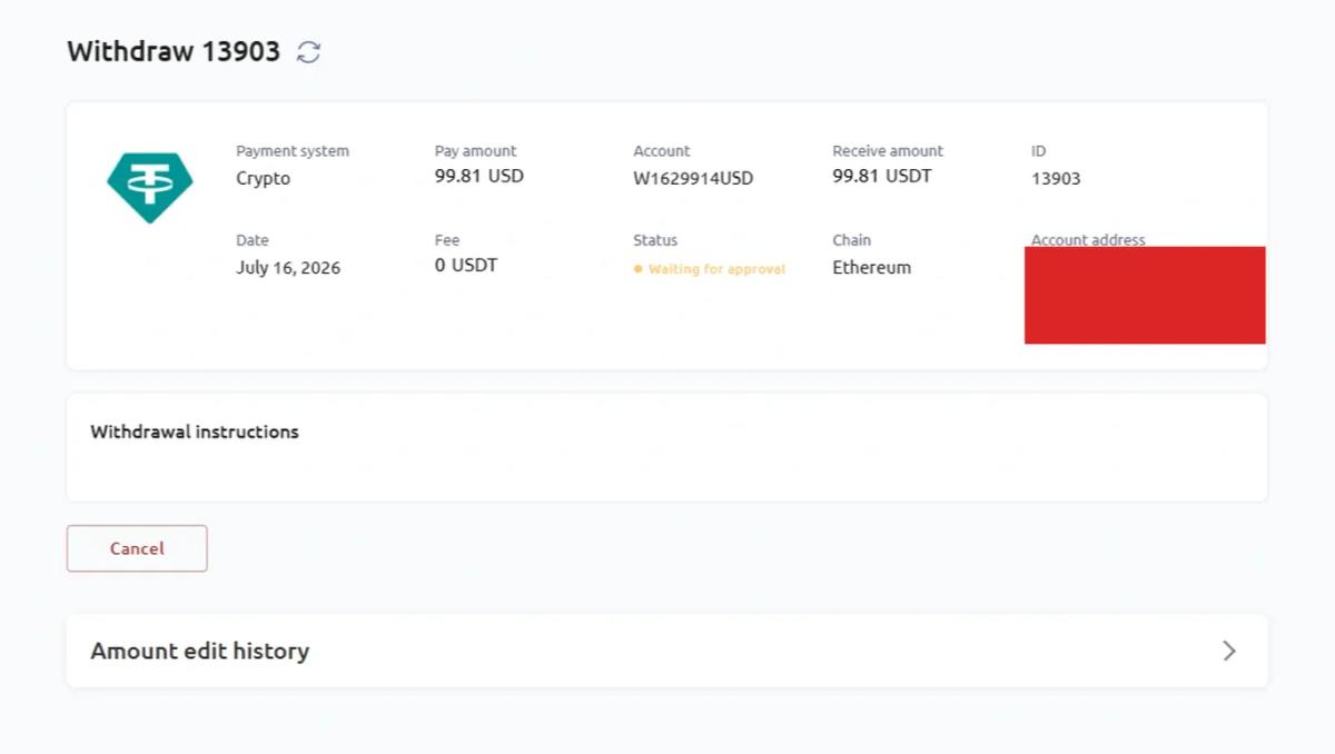 A Spec Markets withdrawal request for 99.81 USDT showing a zero fee and a waiting for approval status