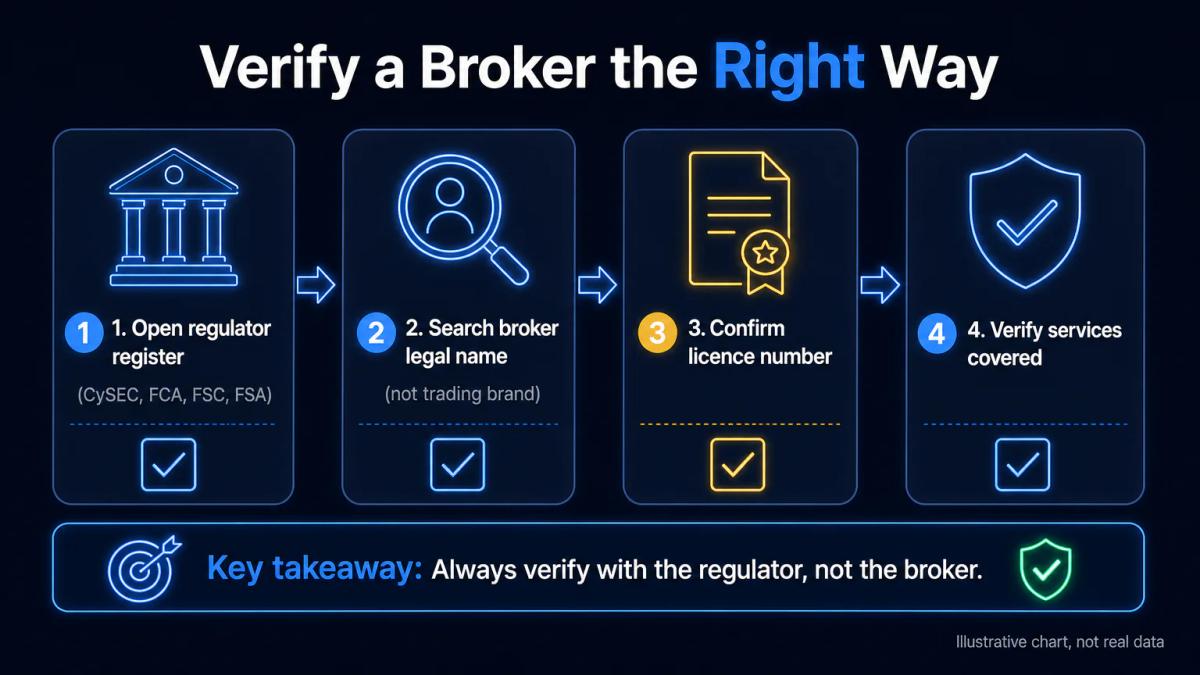 Checklist of broker verification steps: regulator register search, licence confirmation, service scope check