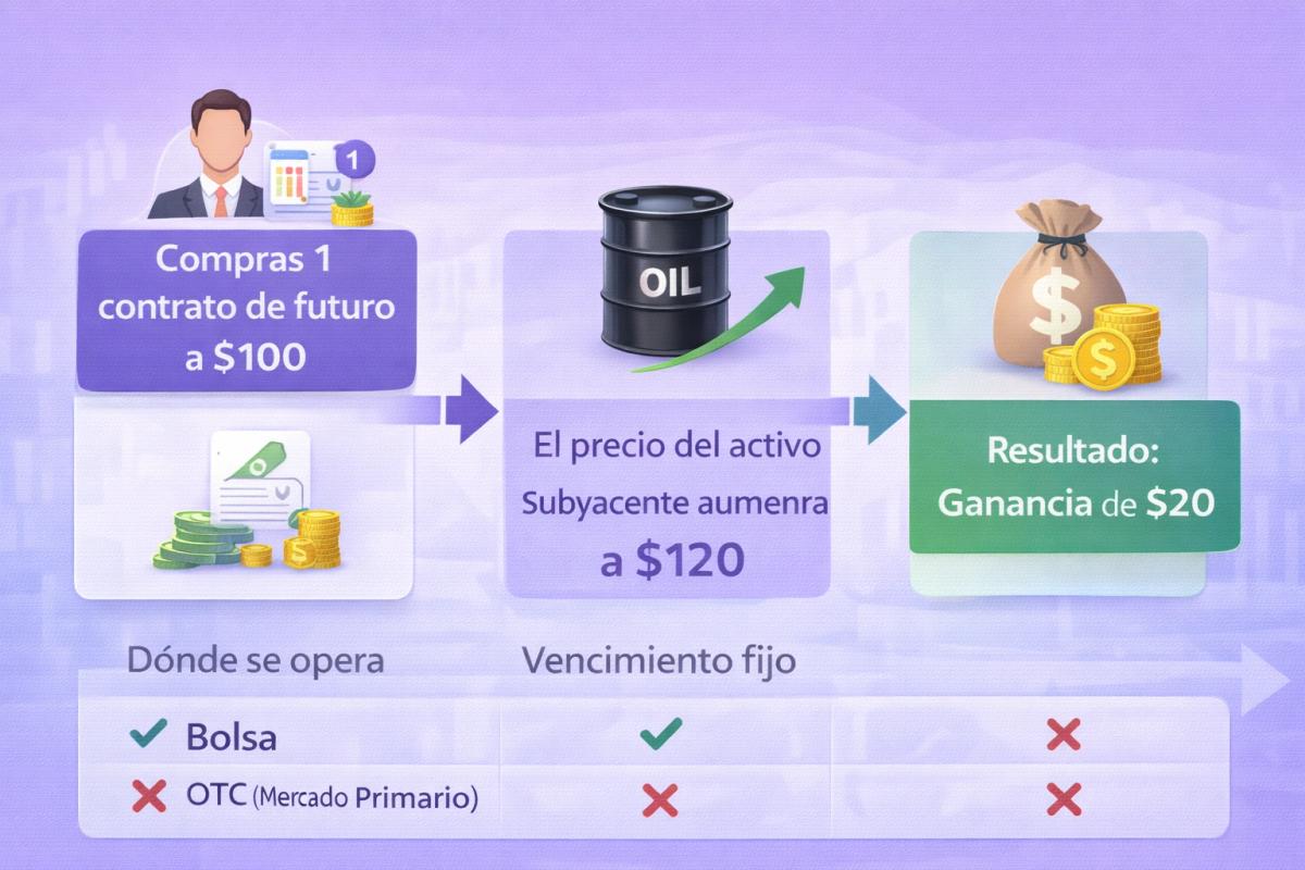 Diagrama de flujo que ilustra paso a paso una operación con futuros: compra del contrato, movimiento del precio del subyacente, resultado al vencimiento, con cifras simples