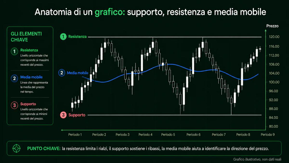 Grafico con supporto, resistenza e media mobile annotati su candele di prezzo