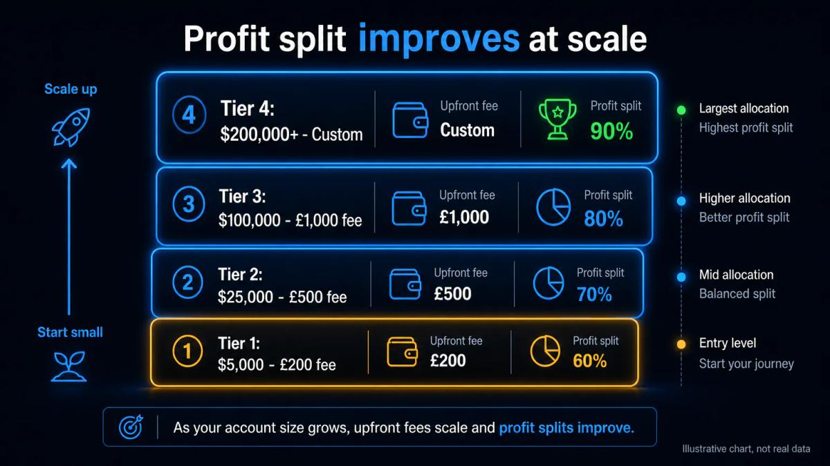 Stacked account tiers from $5,000 to $200,000 with upfront fees and profit splits increasing at each level