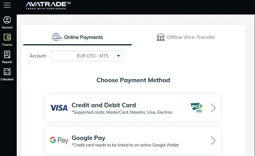 Portal de depósitos y retiros de AvaTrade con métodos de pago disponibles para LATAM