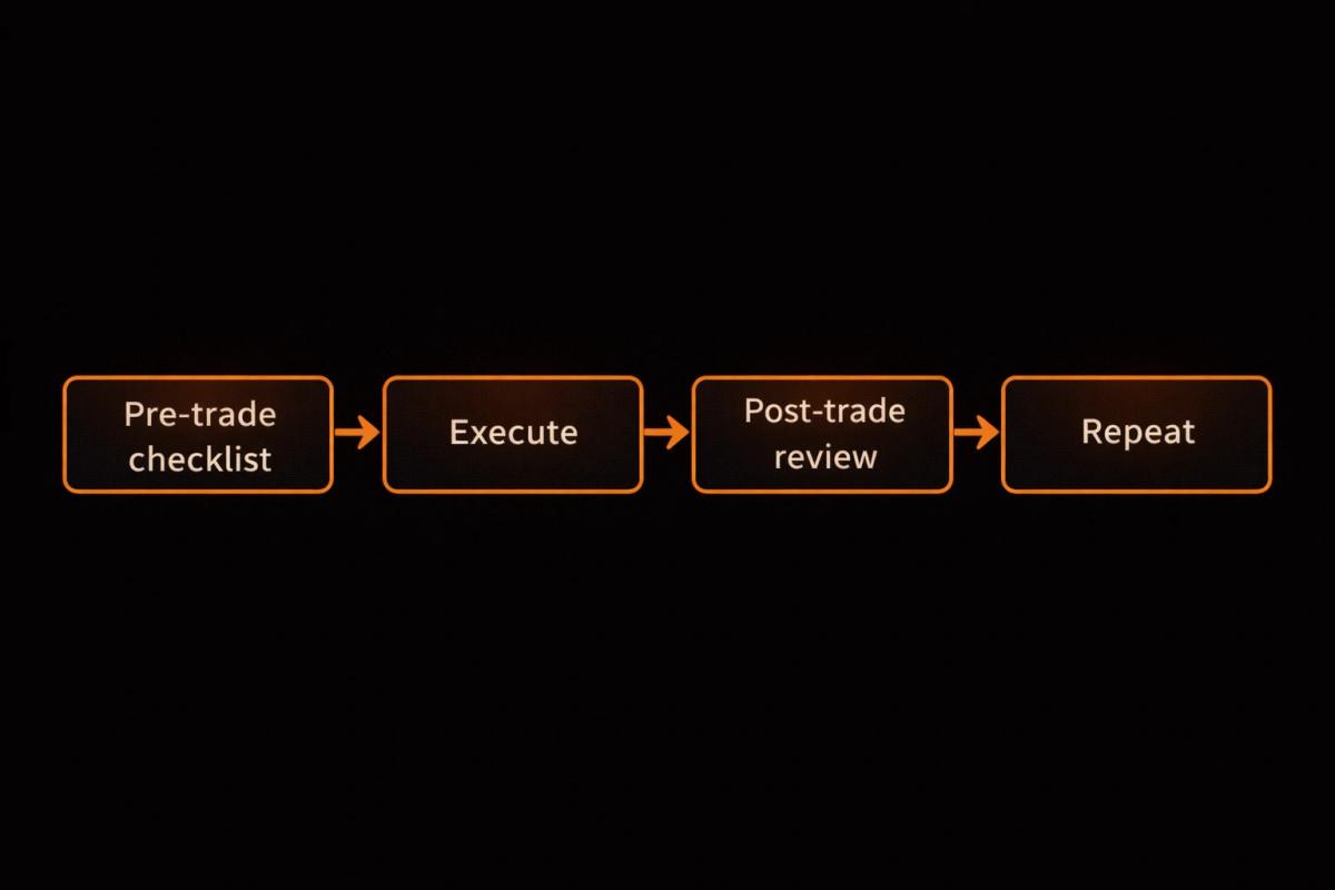 Flowchart showing the disciplined trading process from pre-trade checklist through execution, review, and adjustment