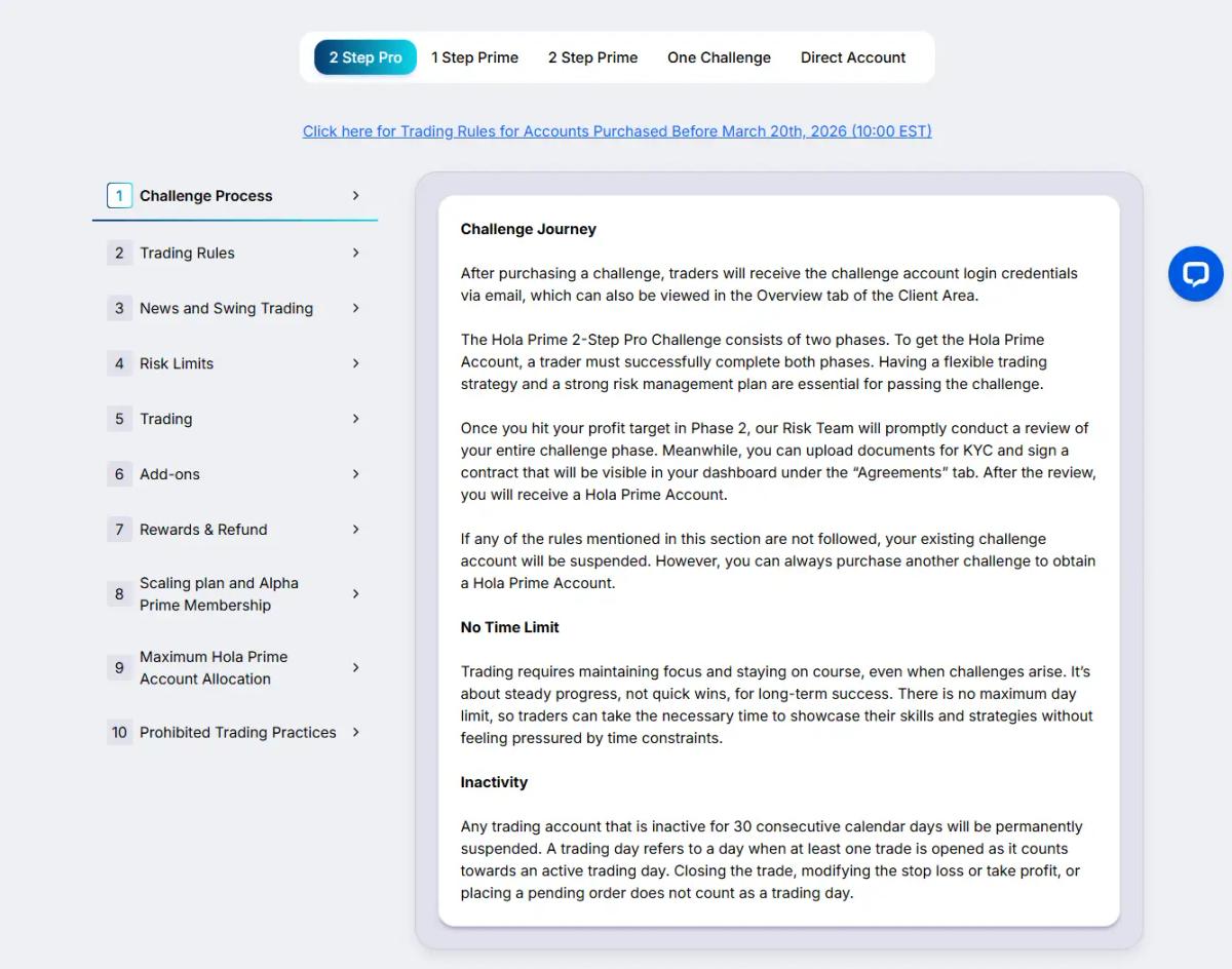 Reglas de trading oficiales de Hola Prime para modelos Pro y Prime, incluyendo restricciones de noticias y fin de semana