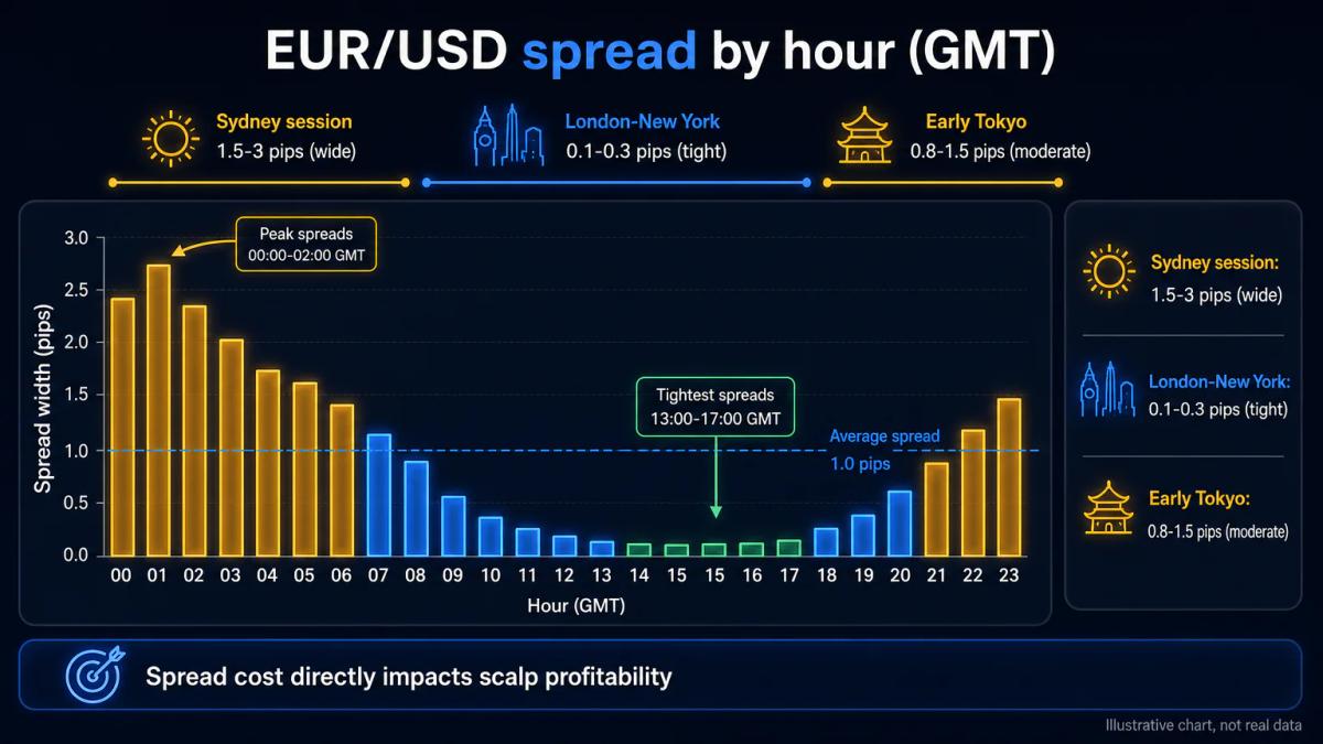 Spread width comparison chart showing EUR/USD spreads narrowing during London-New York overlap and widening during Sydney ses