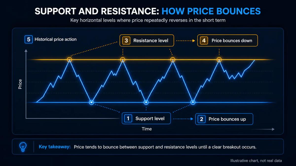 Price chart with support level marked below and resistance level marked above, showing price bouncing at both levels