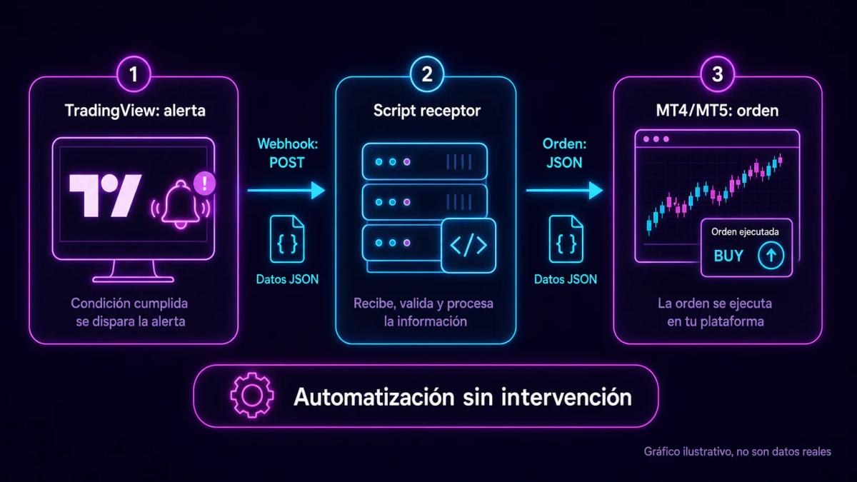 Diagrama de flujo mostrando alerta de TradingView enviando webhook a bot externo que ejecuta orden en MT4 o MT5