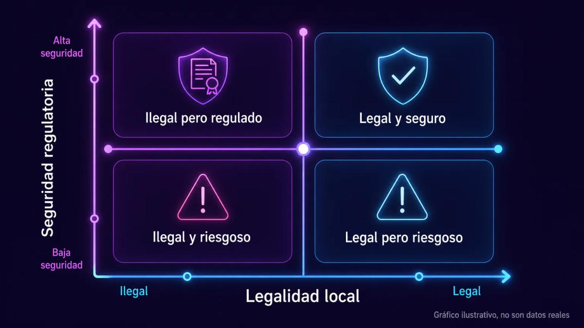 Dos ejes perpendiculares: legalidad local versus seguridad de contraparte, mostrando cuatro cuadrantes de riesgo