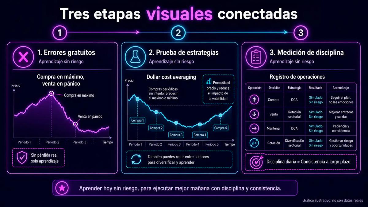 Tres fases del aprendizaje virtual: errores sin costo, prueba de estrategias, medición de disciplina
