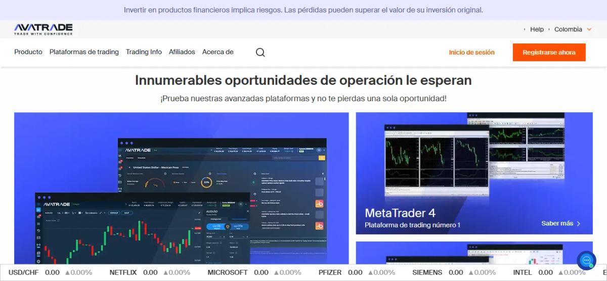 Página de inicio de AvaTrade broker con plataformas MT4 MT5 y instrumentos disponibles