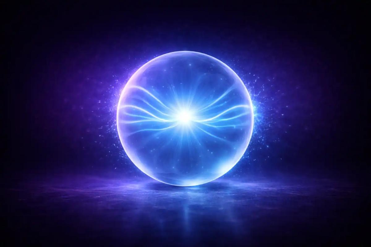 Esfera 3D translúcida con ondas de luz azul representando claridad mental antes de una sesión de trading