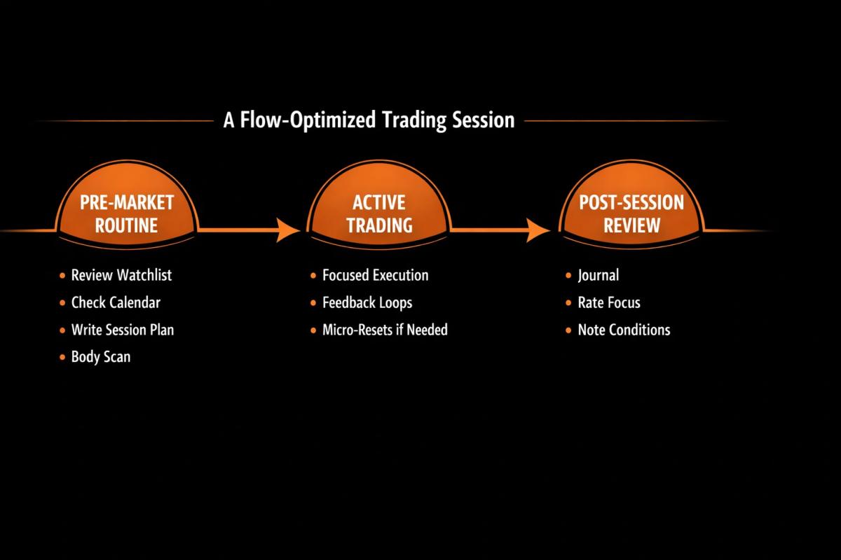 Horizontal timeline of a flow-optimized trading session from pre-market routine through active trading to post-session review