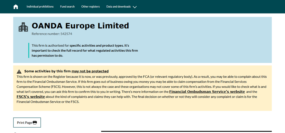 FCA register page showing OANDA Europe Limited under licence 542574
