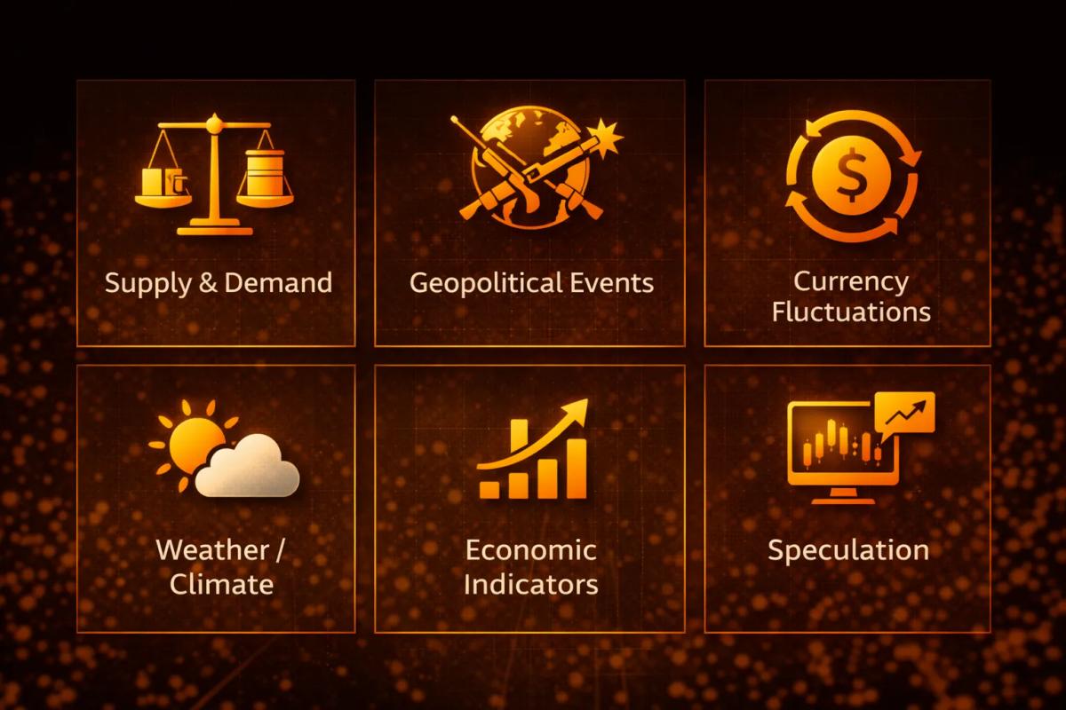 Icon grid showing commodity price factors supply and demand, geopolitical events, currency fluctuations, weather, economic indicators, and speculation