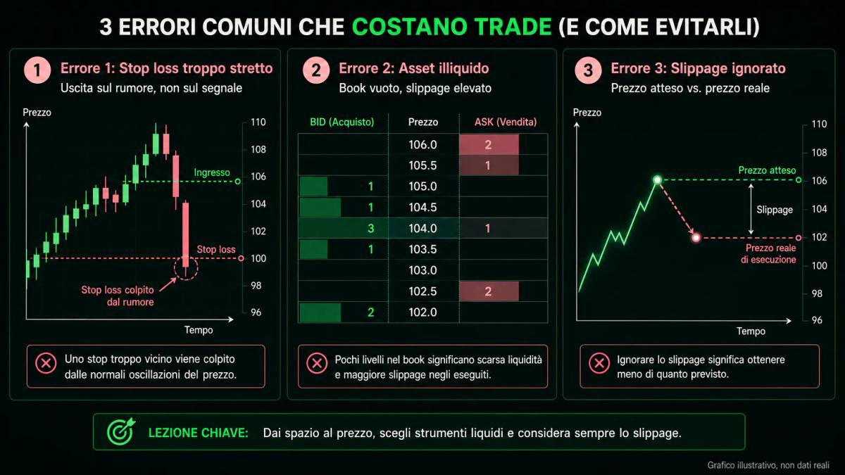 Tre errori comuni dello scalper: stop loss troppo stretto, asset illiquido, slippage ignorato