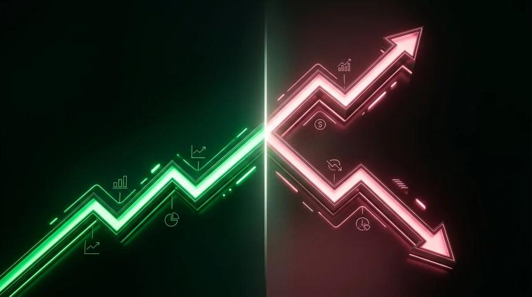 Grafico di prezzo con due frecce direzionali opposte e una linea di separazione temporale che rappresenta l'annuncio di risul