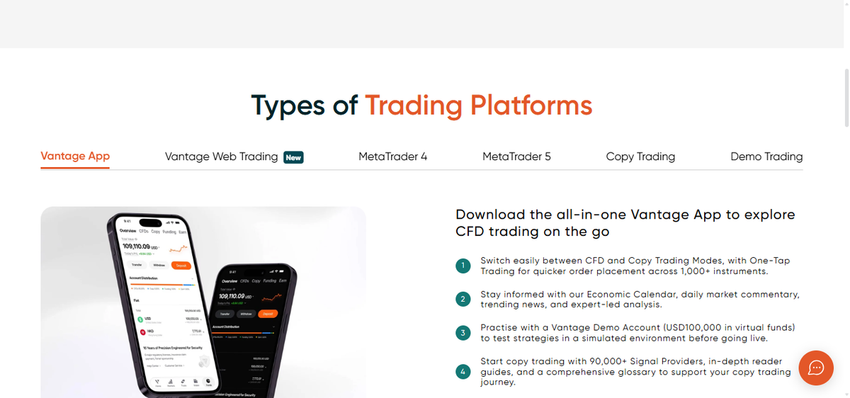 Sección de plataformas de Vantage con MT4, MT5 y TradingView/ProTrader