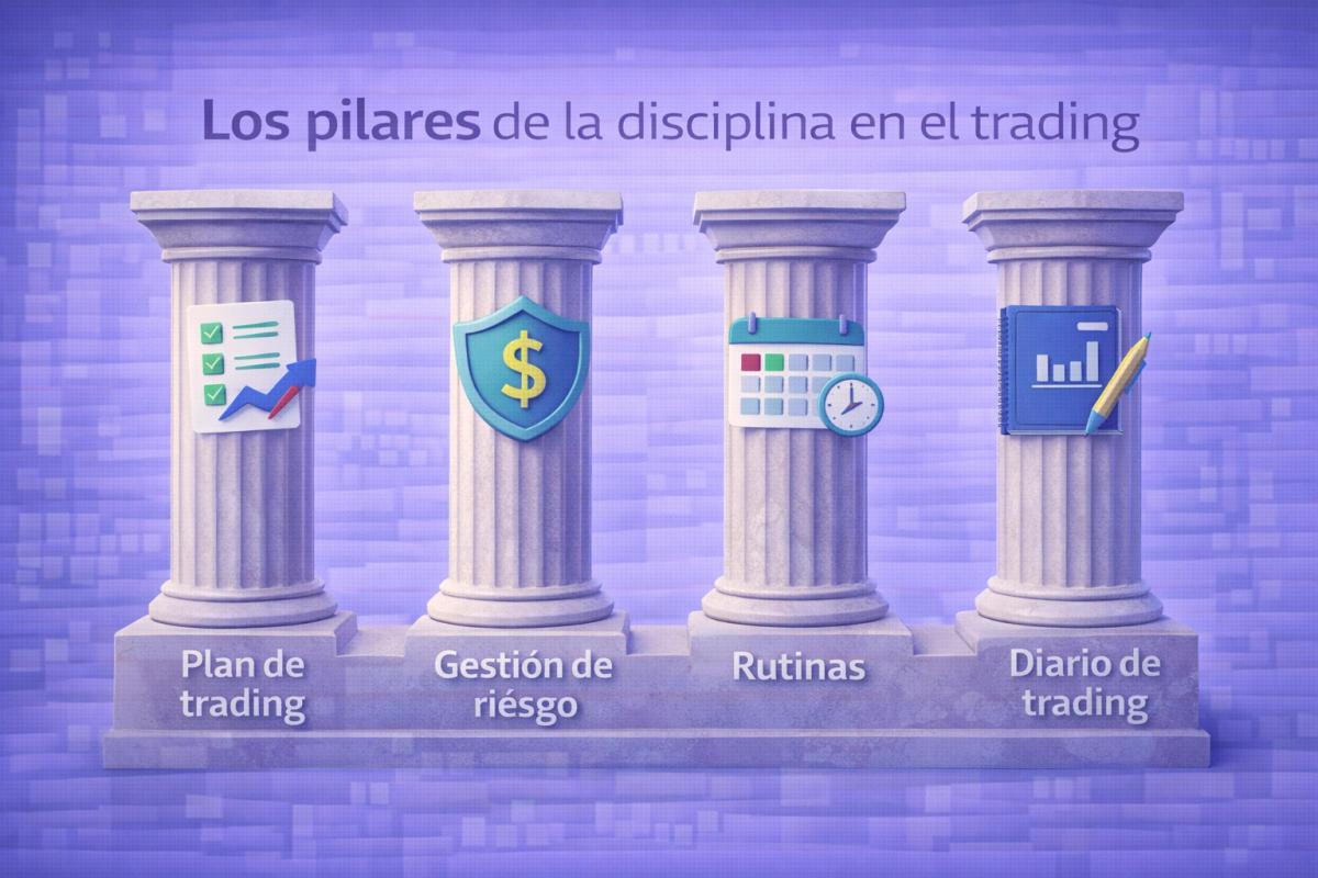 Infografía con los cuatro pilares de la disciplina en trading: plan de trading, gestión de riesgo, rutinas, diario de trading