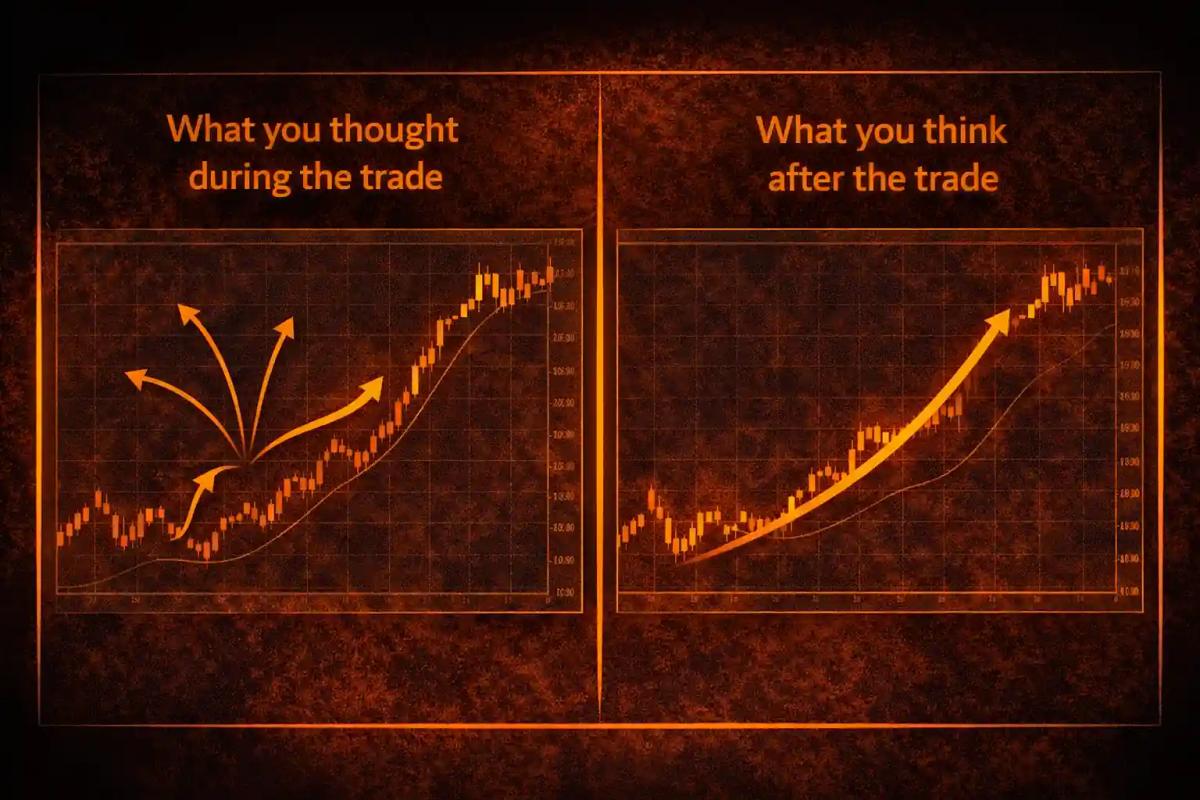Two-panel comparison showing trading uncertainty during a trade versus false clarity after knowing the outcome