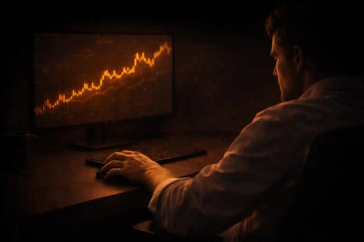 Trader hesitating to close a profitable trade, hand hovering over mouse with green chart on screen
