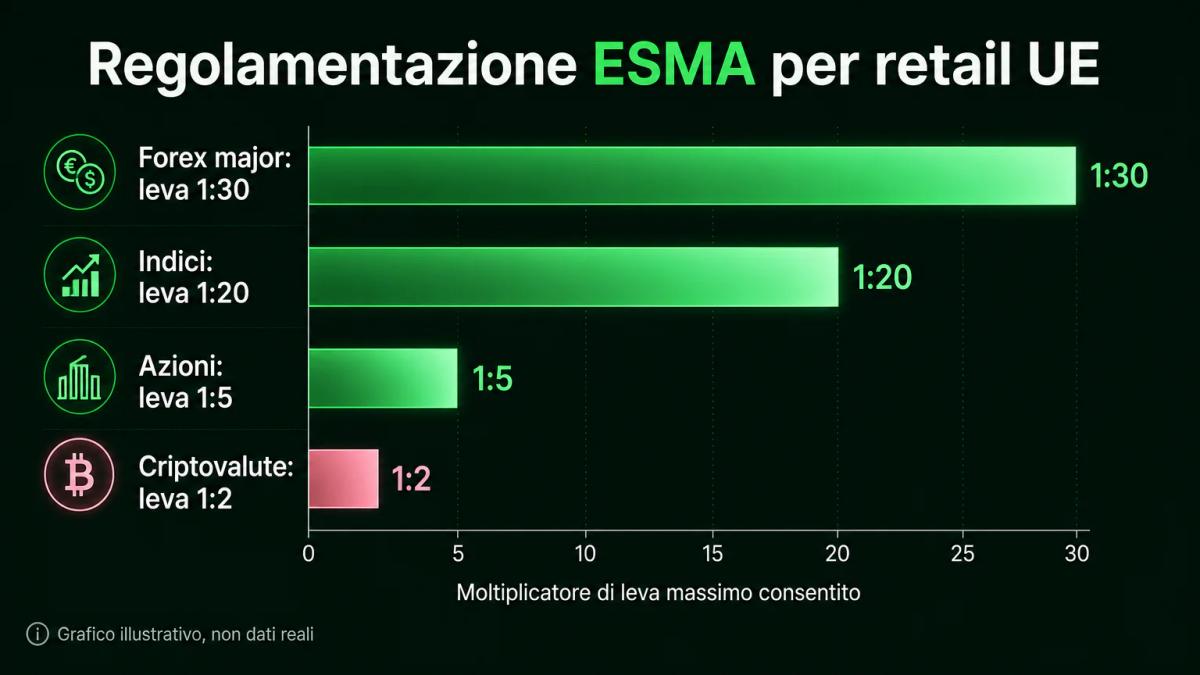 Confronto della leva ESMA per retail: forex 1:30, indici 1:20, azioni 1:5, crypto 1:2