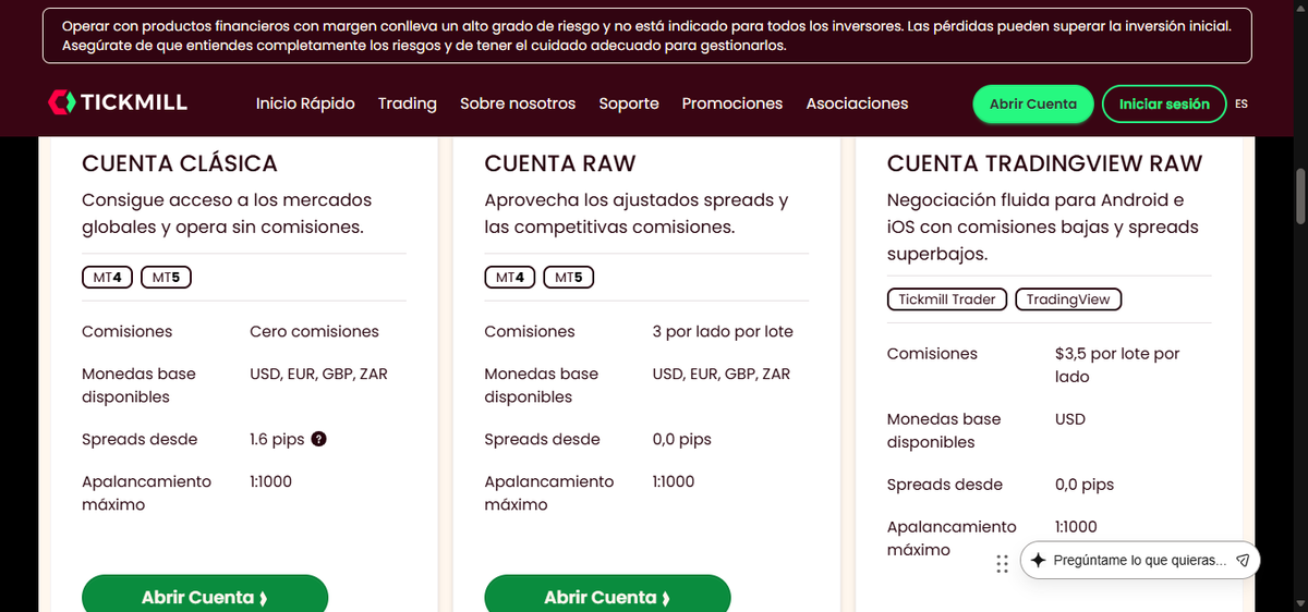 Comparativa de cuentas de Tickmill en espa\u00f1ol con spreads, comisiones y dep\u00f3sito m\u00ednimo