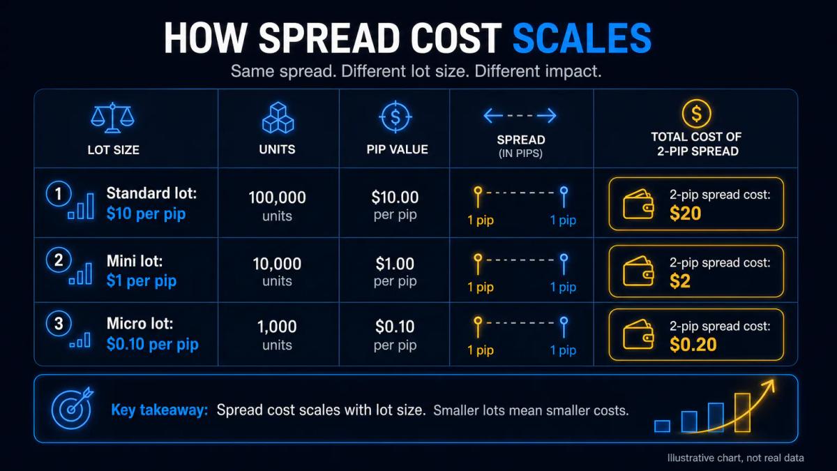 Table comparing lot sizes, pip values and spread costs for EUR/USD