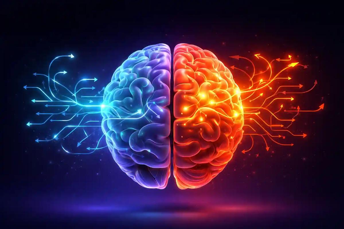 Cerebro estilizado en 3D con impulsos emocionales en conflicto, tonos fríos y cálidos