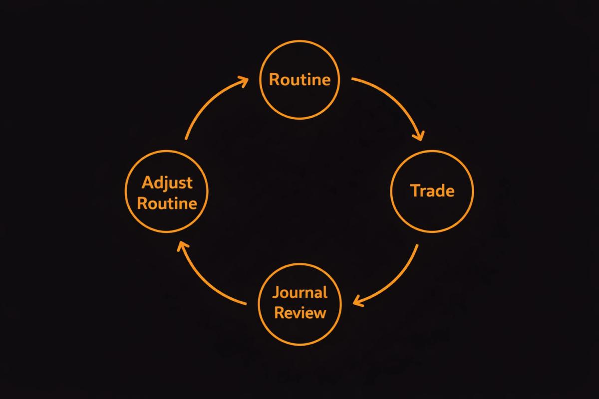 Feedback loop diagram showing the cycle of routine, trade, journal review, and routine adjustment