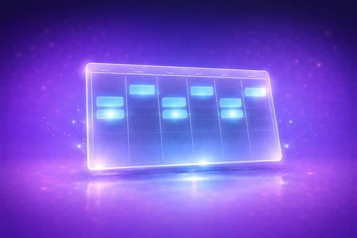 Calendario semanal 3D en vidrio esmerilado con bloques de tiempo en azul eléctrico y cian sobre fondo púrpura