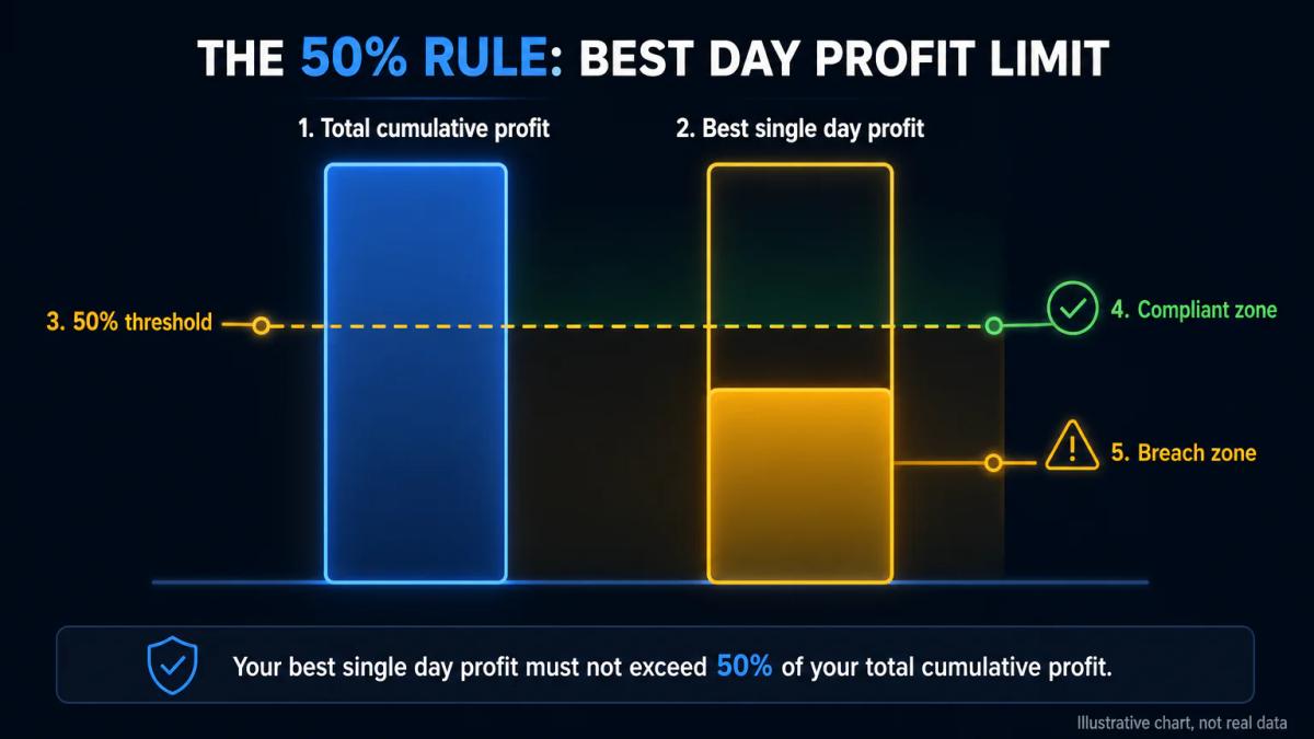 Consistency rule calculation showing best day versus total profit within a 50% threshold band