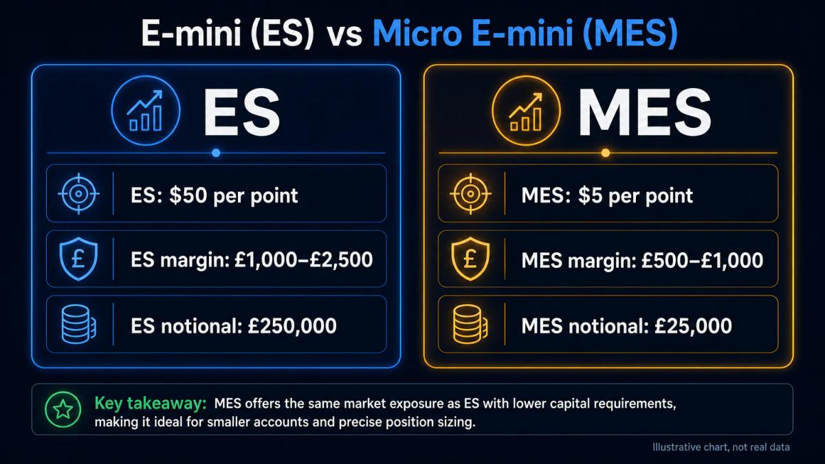 Comparison table of E-mini ES and Micro E-mini MES contracts showing multiplier, margin and notional exposure