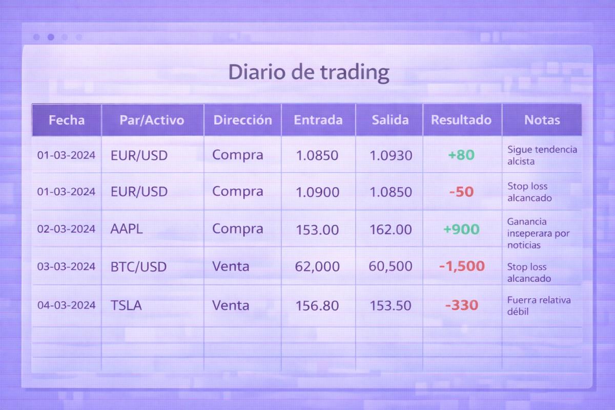 4: Ejemplo de diario de trading en hoja de cálculo con columnas de fecha, activo, dirección, entrada, salida, resultado y notas
