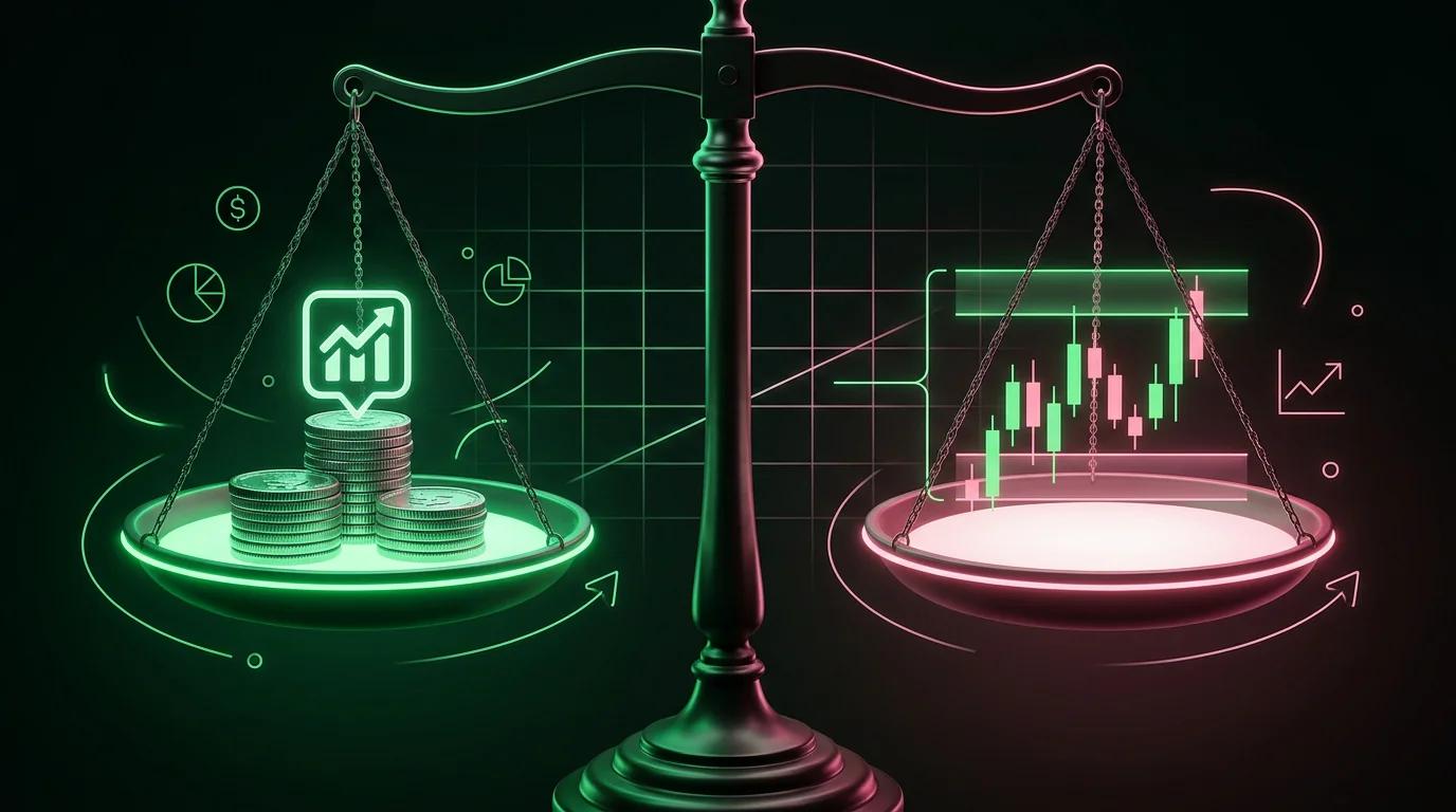 Bilancia a due piatti con monete e una formula matematica, che rappresenta l'equilibrio tra capitale rischiato e dimensione d