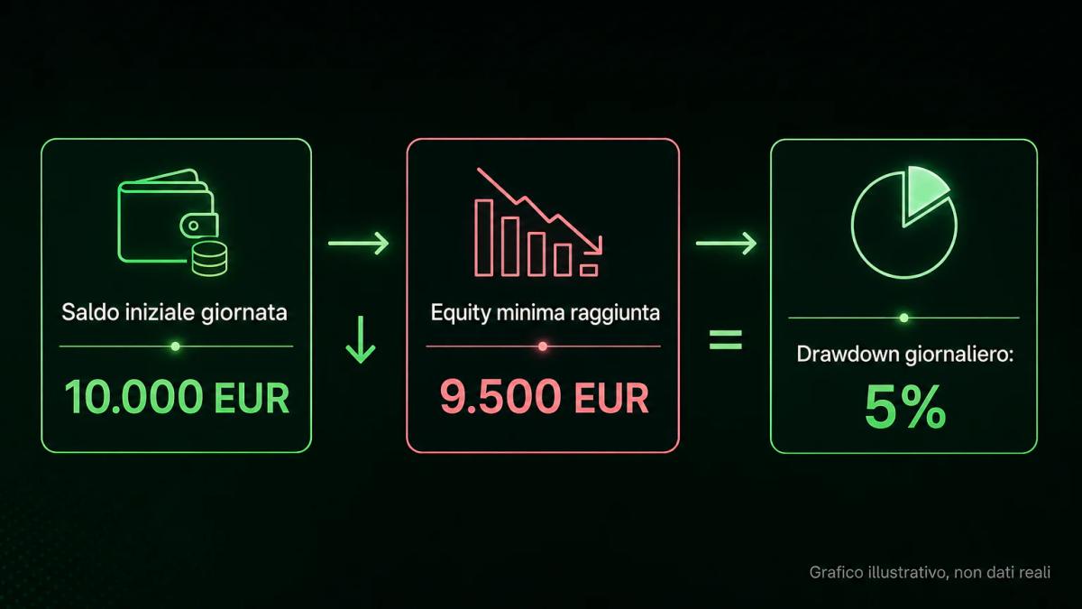 Infografica che mostra il calcolo del drawdown giornaliero: saldo iniziale, equity minima raggiunta e la percentuale risultan