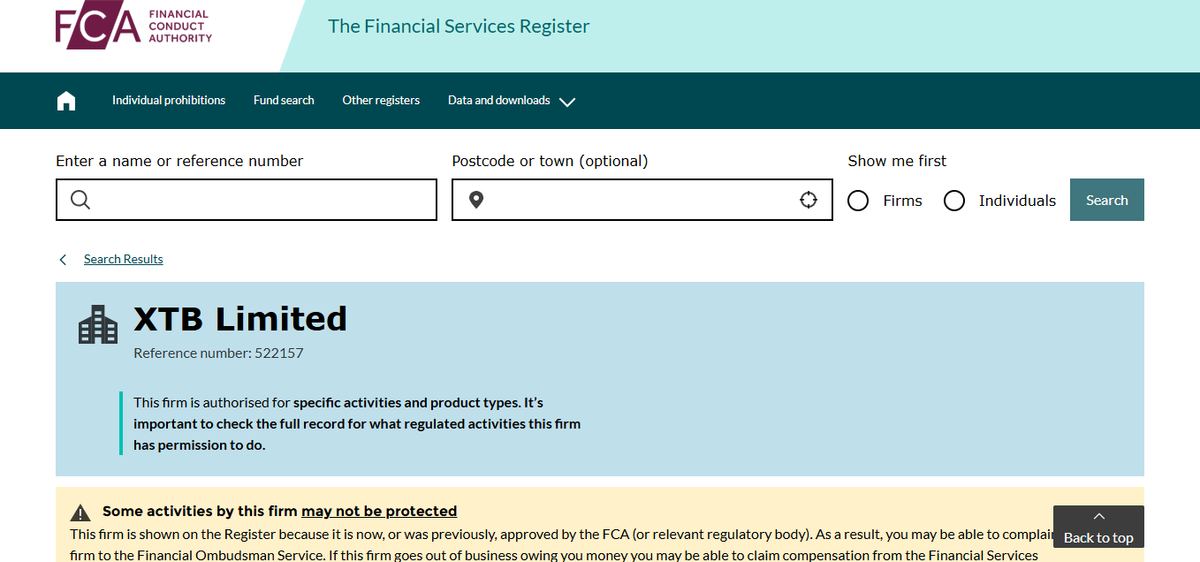 FCA register entry for XTB Limited showing FRN 522157 and authorised status