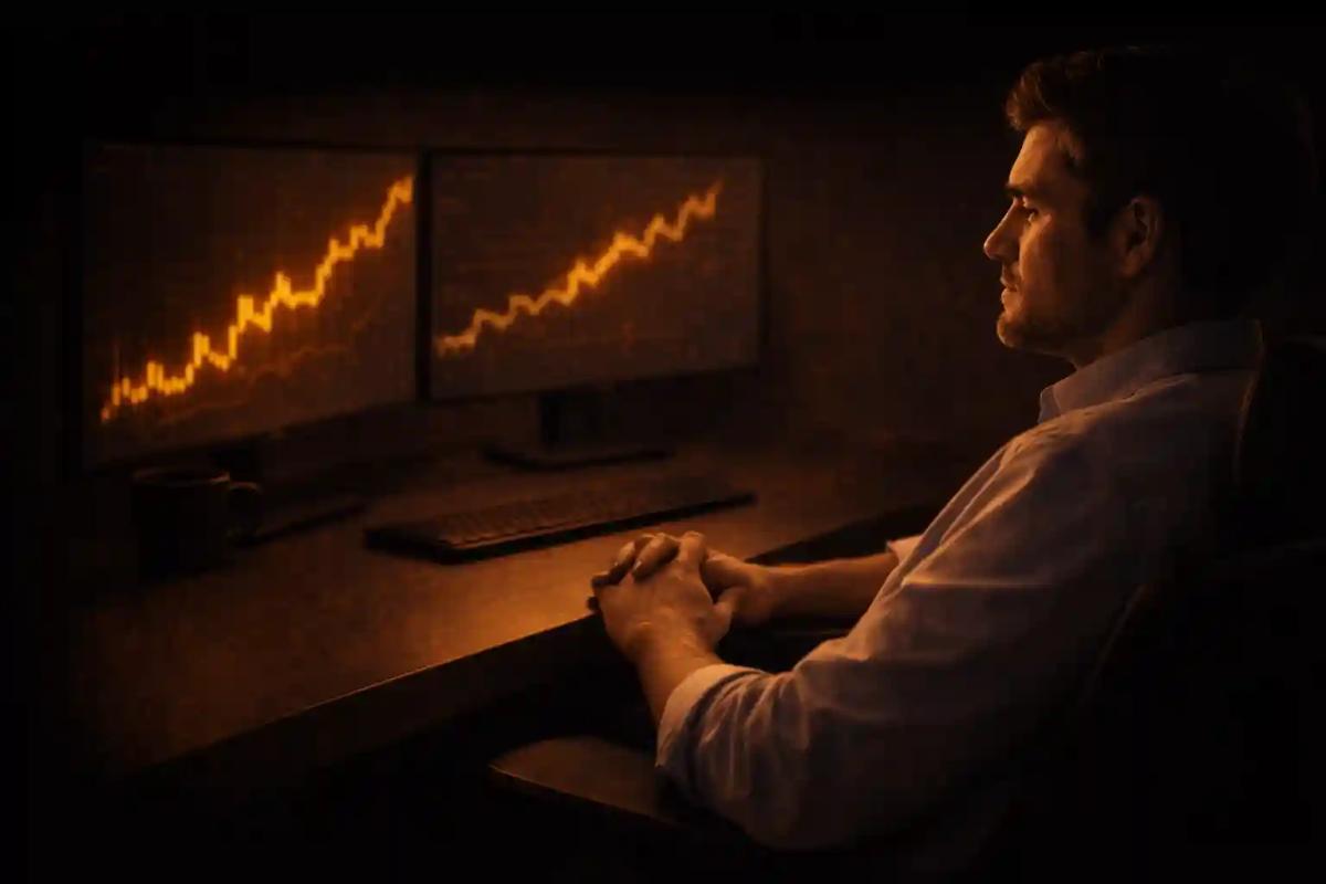 Trader reflecting calmly at desk after a successful trade, representing balanced pride in trading