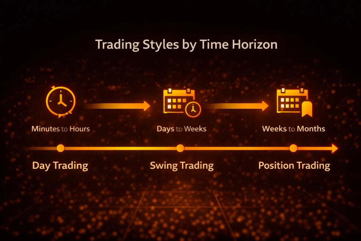 Timeline showing trading styles by time horizon from day trading through swing trading to position trading